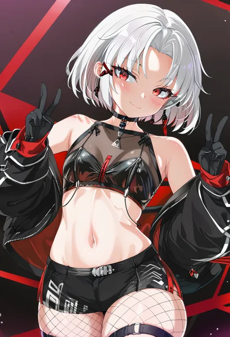 perfect face、drakercr, short hair, white hair, red eyes, earrings, x hair ornament, black jacket, off shoulder, choker, crop top...