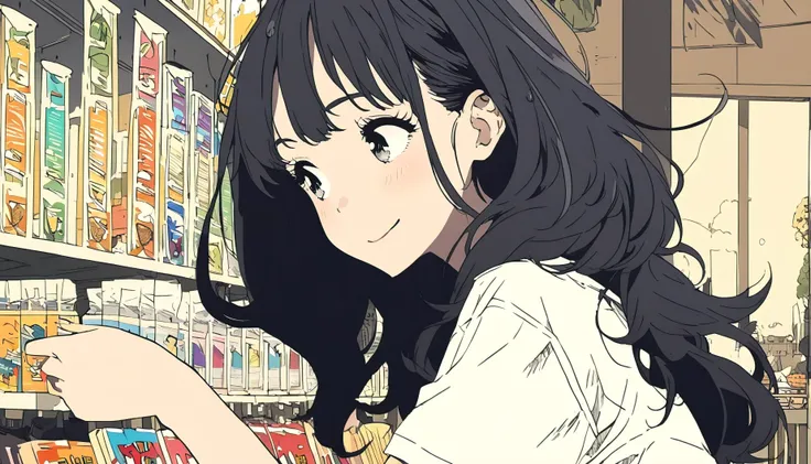 Extremely detailed 8K CG, Very detailed:1.3, Very delicate and detailed face:1.3, (Absurd, texture, masterpiece), Long hair,Pop Art, pixiv Contest Winner, by Posuka Demizu, Shop at the market,Dynamic cartoon style illustrations,Over T-shirt,Black Hair,The ...