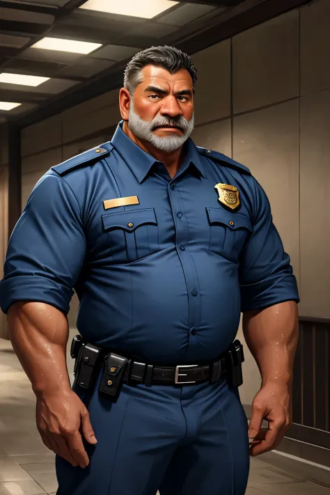 4k quality, solo, middle-aged male, Chinese man, China face, massive pec, strong muscles, big belly, black hair, police, wearing police suit, light blue shirt tucked into pants, tie,belt, heat, sweat stains, sweat all over, shame, grey gloomtache, ((erec...