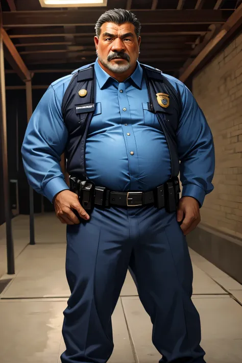 4k quality, solo, middle-aged male, Chinese man, China face, massive pec, strong muscles, big belly, black hair, police, wearing police suit, light blue shirt tucked into pants, tie,belt, heat, sweat stains, sweat all over, shame, grey gloomtache, ((erec...