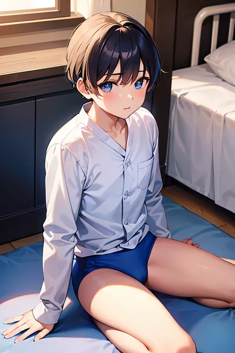 a boy in a bedroom, wearing a white long-sleeve shirt and blue underwear, sitting in the seiza position,