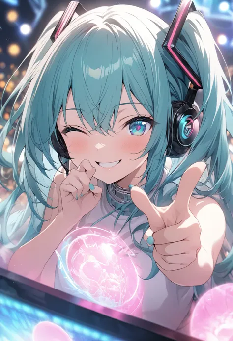 hatsune miku、masterpiece, highest quality, highly detailed cg unity 8k wallpapers, headphone microphone、finger gun pose、she has ...