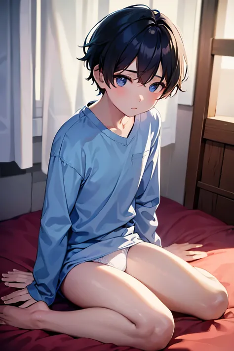 a boy in a bedroom, wearing a white long-sleeve shirt and blue underwear, sitting in the seiza position,