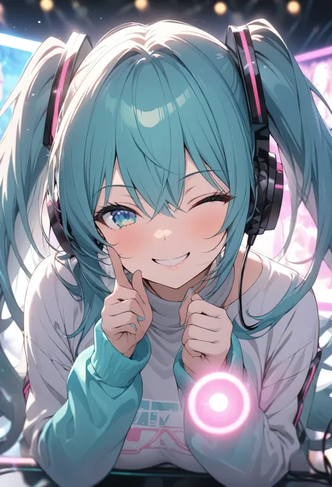 hatsune miku、masterpiece, highest quality, highly detailed cg unity 8k wallpapers, headphone microphone、finger gun pose、she has ...