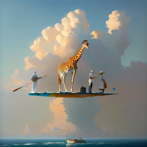 painting of a giraffe standing on a boat with people on it, surrealistic painting, david febland, satirical painting, crossing the blue horizon, kent monkman, stefan koidl, frans lanting, alex andreev, by Youssef Howayek, highly detailed surrealist art, by...