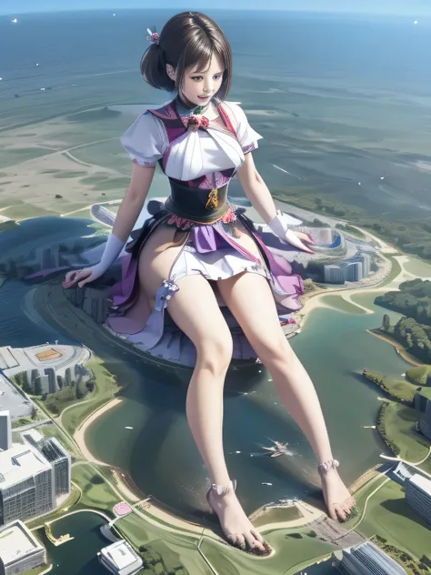 multiple girls, 3girls, standing, giantess art, highly detailed giantess shots, giantess, most detailed, perfect face, Two legs, Five fingers, short hair, A beautiful girl who is bigger than a skyscraper, Wearing rimless glasses, smile, huge breasts, magic...