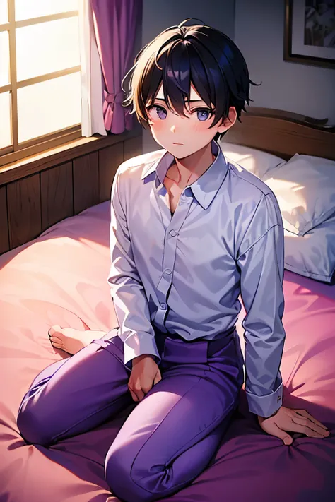 a boy in a bedroom, wearing a white long sleeve shirt and purple underwear, sitting in the seiza position,