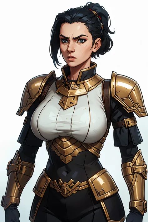 female, Massive armor wearing si-fi soldier, huge armored pauldrons, heavy breastplate, futuristic backpack, grimdark, warhammer, ((upper body portrait)), plain white background, standing