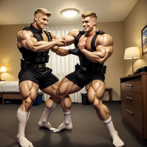 full view full body, two white handsome young european over-muscular men in SWAT uniforms and black socks, no shoes, with clean shaved undercut haircuts (one is blonde, the second one is light-brown haired), playing fighting in their black socks, looking h...