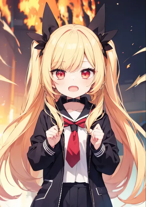 One girl, idol-like anime character, blond twin-tail hair, big mouth, burning eyes, strong eyes, screaming, looking up, barking alone, screaming but cute face, girlish fashion, bright expression, blond twin-tail hair, fall clothes, pants, focus on face, fr...