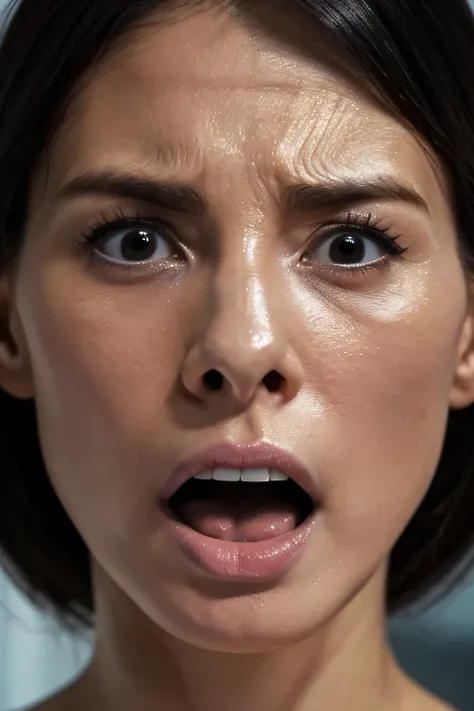 1 girl,flying debris,,Award-winning photo, Very detailed, Edge Orgasm,Face Focus, (Open your mouth ), 30 years old、Black Hair、Glowing Skin,From below、Realistic nostrils、Long and narrow nasal cavity,、Glass-walled office、(Modern interior office)、congestion、A...