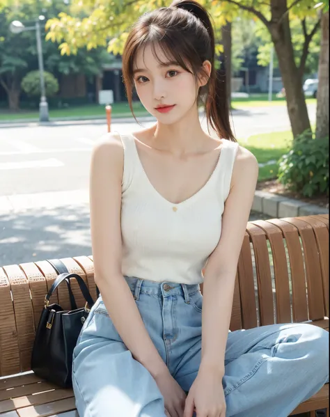 16K, 8K, masterpiece, Top quality, ultra-detailed, an extremely delicate and beautiful,1 beautiful woman,35mm lens,f/1,large chest, sweater, sleeveless, slim pants, bag, A slight smile, Ponytail, autumn,(((random)very cute summer clothing:1)),