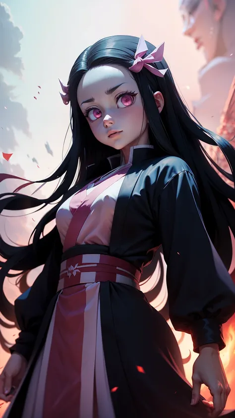 Nezuko from demon slayer anime standing still in demon form, 8k resolution