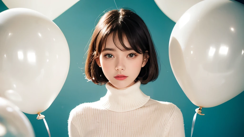 masterpiece, Highest quality, Highly detailed background, perfect lightingHighest quality,Standing in the middle of a ton of white balloons、Fashion portrait photo of a beautiful young woman in the 60s wearing a red turtleneck, Shot with a Hasselblad medium...