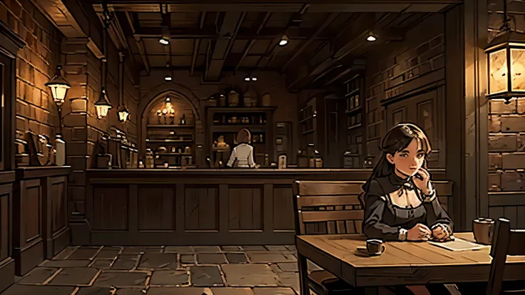 a dark fantasy cafe in industrial revolution era britain, 1 girl sitting at a table in the cafe, extremely detailed, photorealistic, 8k, dramatic lighting, moody atmosphere, architectural details, intricate interior design, cobblestone streets outside, ste...