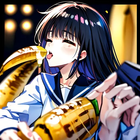 （highest quality, masterpiece, high resolution, high detail), Solo girl, Solo thin long white banana coming up from the bottom end, A female wearing black sailor-style school uniform is facing down and kissing at the top of a long banana with her tongue wi...