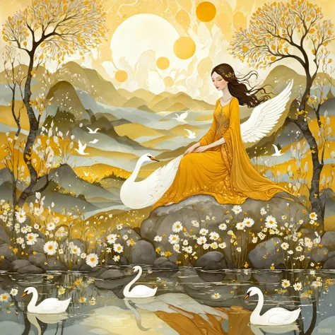 In the style of Albena Vatcheva. Stylized figures. Ethereal woman, wearing a wide skirt with flower and leaf motifs, sitting on a rock in the water with swans. In the background mustard-colored sunshine, hills, birch trees, poppy flowers and blooming dande...
