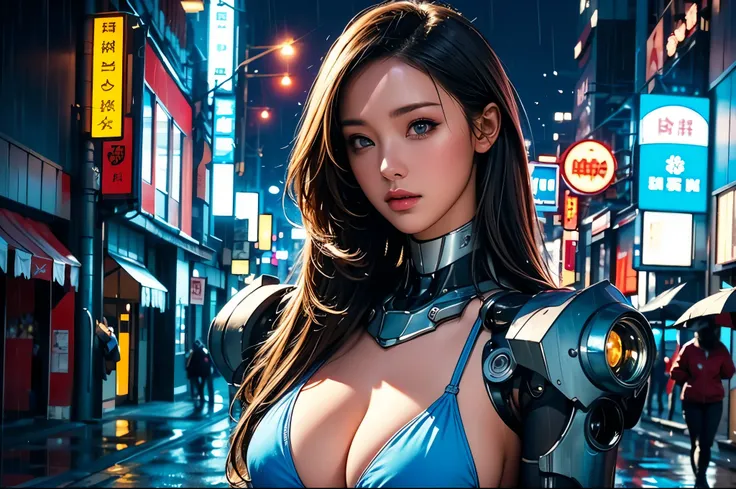 Best Illustrations, Woman covered in complex white cybernetics, Blue LED light, Combat Uniform, Cleavage, high tech, Ultra-high resolution, 32K, (Bikini Cyborg Robot Parts), (detailed:1.4), Cyberpunk City Background, Rainy Street, Beautiful Face, Long gold...