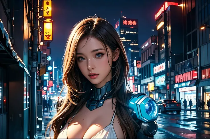 Best Illustrations, Woman covered in complex white cybernetics, Blue LED light, Combat Uniform, Cleavage, high tech, Ultra-high resolution, 32K, (Bikini Cyborg Robot Parts), (detailed:1.4), Cyberpunk City Background, Rainy Street, Beautiful Face, Long gold...