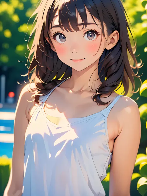 One Girl、smile:0.1、pretty girl、Brown Hair、Baby Face、young、Delicate girl、Upper Body、Small breasts、Unreasonable precision、Very detailed、camisole、Completely flat、Honesty、Thin arms, Professional Lighting, Film Grain, chromatic aberration, (Eye and facial detai...