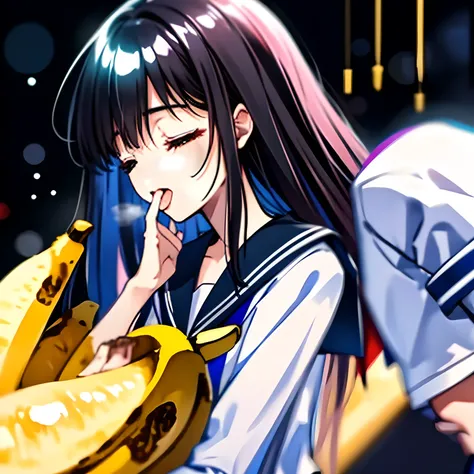 （highest quality, masterpiece, high resolution, high detail), Solo girl, Solo thin long white banana coming up from the bottom end, A female wearing black sailor-style school uniform is facing down and kissing at the top of a long banana with her tongue wi...