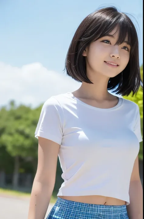 (8k),(masterpiece),(Japanese),( girl),((innocent look)),((Childish)),From the front and above,smile,cute,Innocent,Kind eyes,Plain T-shirt,Short sleeve,Short skirt with blue check,semi-long,Hair blowing in the wind,Black Hair,Somewhat strong wind,noon,brigh...