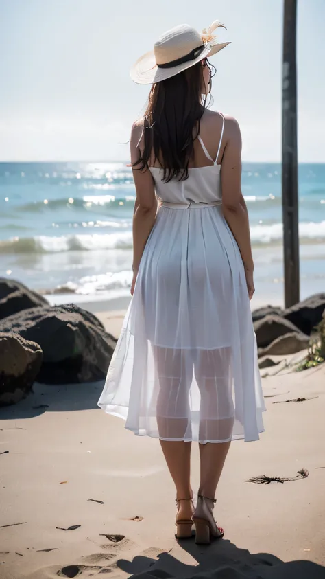 (RAW Photos:1.2), (Realistic), A tall woman who looks like a supermodel is gazing out at the sea from the beach, The hem of the dress is fluttering in the wind, She is wearing a white hat, (Full body photo:1.54), (Her face is not visible because the photo ...