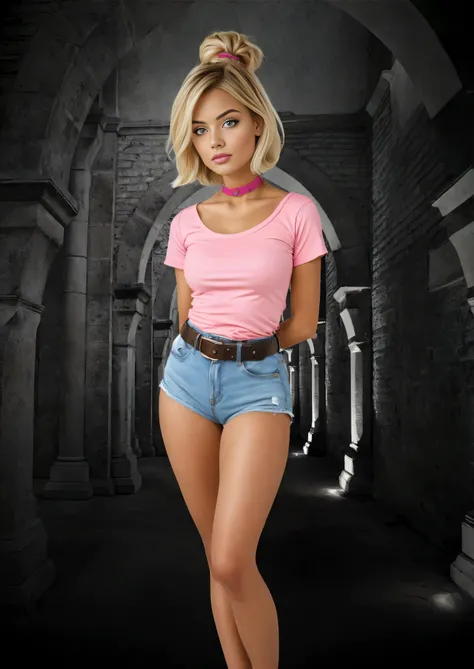 Naughty girl-model, Italian facial type, so pretty, too much tanned, blonde hair, bob hairstyle, straigt bangs, brown eyes, dimpled cheeks, beautiful figure, girl wearing crop deep-pink t-shirt with short sleeves and white sexy denim micro short shorts wit...