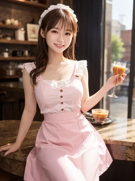 1 girl、(RAW Photos、Highest quality)、(Real、Photoreal:1.4)、Tabletop、Very delicate and beautiful、Very detailed、2k wallpaper、wonderful、Detailed、very detailedCG Unity 8K wallpaper、Super detailed、High resolution、Waitress Outfit、Pink maid outfit、Long skirt、Frills...