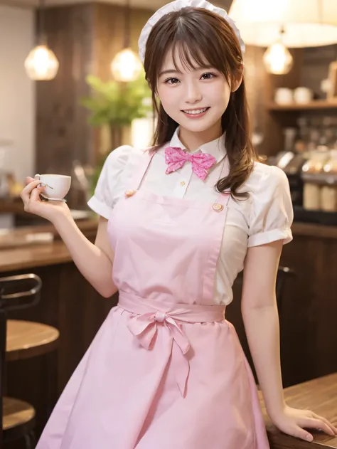 1 girl、(RAW Photos、Highest quality)、(Real、Photoreal:1.4)、Tabletop、Very delicate and beautiful、Very detailed、2k wallpaper、wonderful、Detailed、very detailedCG Unity 8K wallpaper、Super detailed、High resolution、Pink waitress outfit、Long skirt、Frills、apron、ribbo...