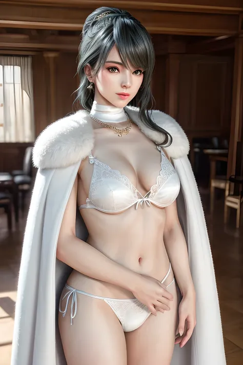 A lady with extraordinary temperament, she stands in a modern indoor space, as if she is a model from a fashion magazine. She is wearing a (pure white long fur cape), the softness and luster of which makes her look more noble under the light, and complemen...