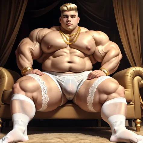 Photo of a 20-year-old obese young male pig, with a huge belly, blonde, with a clean undercut cut, wearing tight white lace shorts and white lace sheer socks, gold jewelery, pierced nipples with gold rings,  his white sheer lace socks must be seen