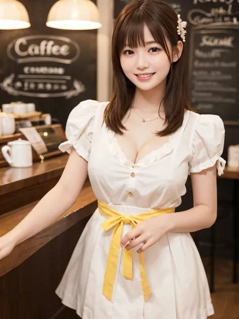 1 girl、(RAW Photos、Highest quality)、(Real、Photoreal:1.4)、Tabletop、Very delicate and beautiful、Very detailed、2k wallpaper、wonderful、Detailed、very detailedCG Unity 8K wallpaper、Super detailed、Age 25、(Yellow and white waitress outfit)、Pleated skirt、Frills Ski...