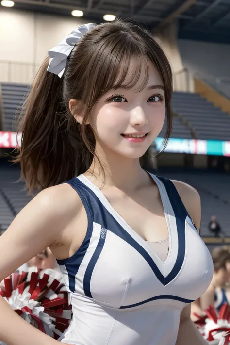 One Girl, 1 person,Highest quality,High resolution,超High resolution,8k,Realistic,Upper Body,encounter_audience,Large Breasts, the body is slim,(cheer Girl:1.2),