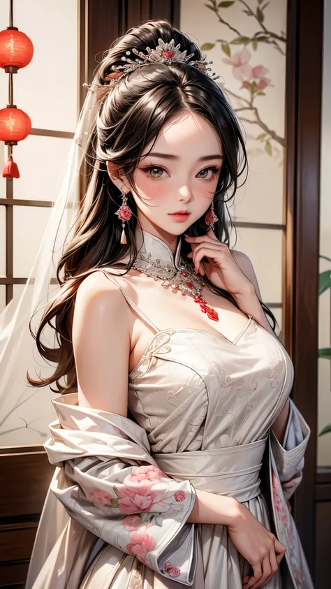best qualityer, work of art, 1 girl,Chinese Wedding Dress,hair ornament,necklase, jewerly,beautiful  face, blush, looking ahead at viewer 