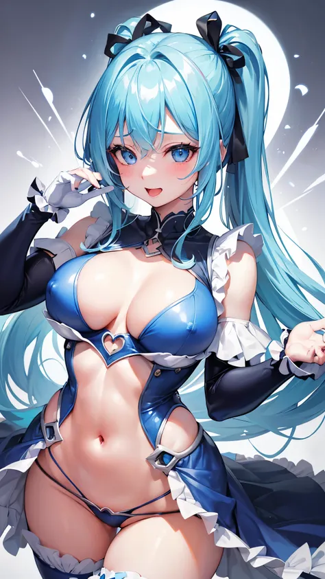 2 woman,Highest quality,（Light blue twintails）、Healthful、Blue Eyes、 （（Sharp details））, (8k, RAW Photos, Highest quality, masterpiece), (looking at the camera),Cute Smile、Very big eyes、anatomically correct body、Big thighs、Muscular woman、The face is bright、P...