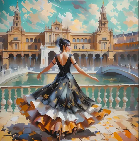 painting of a woman in a black flattering dress dress is walking in front of the river in Plaza de Espana, Seville, alla prima oil painting, realistic spanish woman painting, andrew atroshenko, in style of steve henderson, dmitry spiros, artwork, by Bencho...