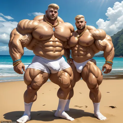 full view full body one white over-muscular young Behemoth man with over-inflated and over-bloated enormous huge shoulders, pecs, biceps, abds and legs, with platinum-blond undercut haircut, in white lycra singlet and white socks, no shoes, dozens of golde...