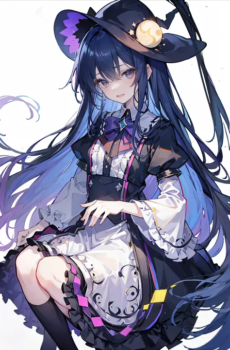 oung Girls,Humanity,A magician always smiles,big witch hat,cute,dark blue long hair,The eyes are dull,The bangs are heavy,Thin eyebrows,fantasy,intake,Double teeth,Star Theme,Constellation pattern,Solid color clothetal decoration,cloak,A bit of a dark atmo...
