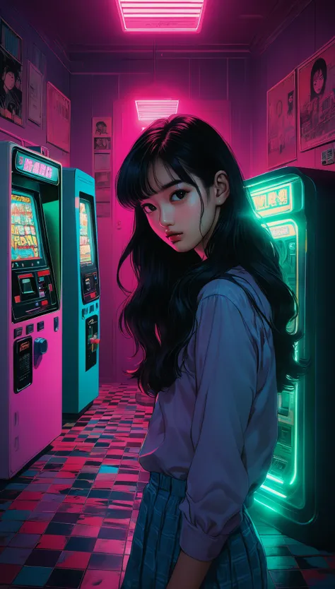 An illustration、art、80s Thai horror movie poster, Supervised by Junji Ito、(high school student:1.0)、Private room、game machine、Attention to detail, Realistic Shadows、Analog Style, chromatic aberration, Surrealism、Complementary Gradient