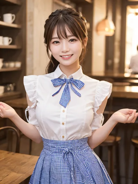 1 girl、(RAW Photos、Highest quality)、(Real、Photoreal:1.4)、Tabletop、Very delicate and beautiful、Very detailed、2k wallpaper、wonderful、Detailed、very detailedCG Unity 8K wallpaper、Super detailed、2、High resolution、(Blue gingham check waitress outfit)、Pleated ski...