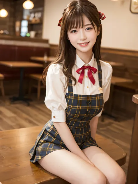 1 girl、(RAW Photos、Highest quality)、(Real、Photoreal:1.4)、Tabletop、Very delicate and beautiful、Very detailed、2k wallpaper、wonderful、Detailed、very detailedCG Unity 8K wallpaper、Super detailed、2、High resolution、(Yellow tartan waitress outfit)、Pleated skirt、El...