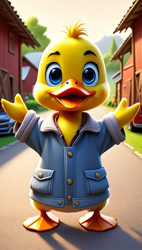 cute duck, cartoon , farm clothes, arms up, hands ,cute eyes, looking at viewer, cute, straight, parking, cars, flawless, detail...