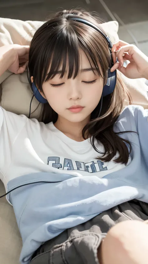 Very cute  girl、Earphones in ears、Eyes closed、Sleeping