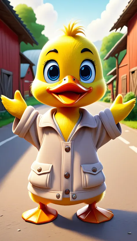 cute duck, cartoon , farm clothes, arms up, hands ,cute eyes, looking at viewer, cute, straight, parking, cars, flawless, detail...