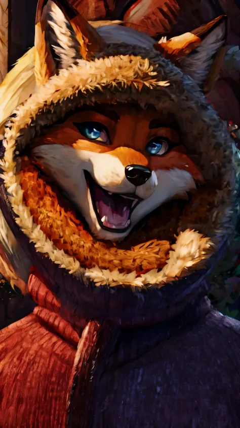 ((best quality)), ((masterpiece)), (detailed), 1boy, outfit sweatshirt, male, gluttonous pose, sexy look, fluffy fur, fox, complete head portrait in the middle, frightened furries in background, complete view ears, vore a coockie, eats a coockie, has coock...