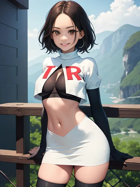 ((best quality)), ((masterpiece)), (detailed), medium breast, thick lips, perfect lips, brown eyes, ((white skin)), black hair, short hair, punk hair, team rocket uniform, white jacket, white skirt, pencil skirt, miniskirt, black thighhigh boots, black elb...