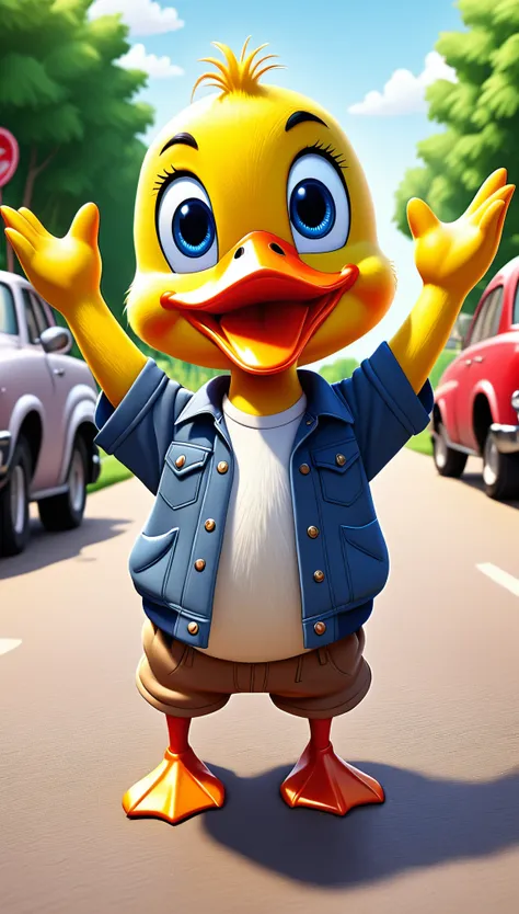 cute duck, cartoon , farm clothes, arms up, hands ,cute eyes, looking at viewer, cute, straight, parking, cars, flawless, detail...