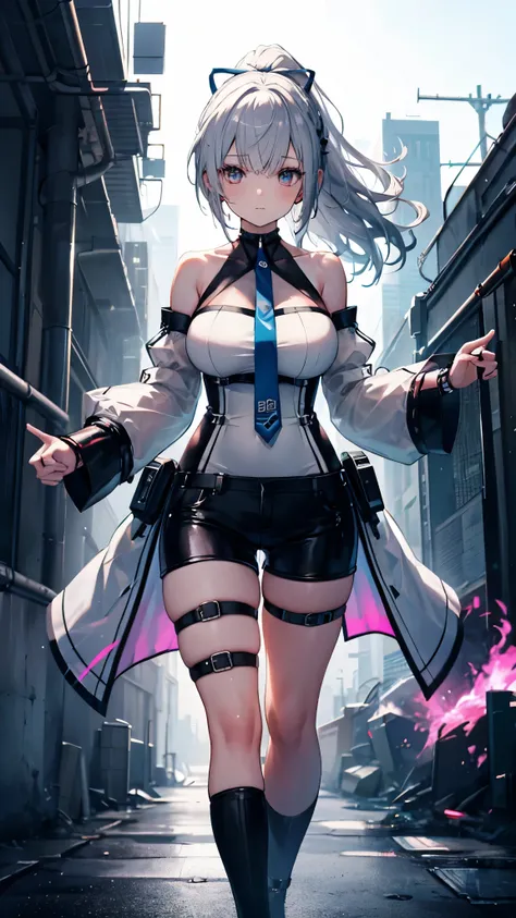 (Tabletop), (Perfect athletic body:1.2), Anime Style, whole body, Cyberpunk Girl,  Wearing a Cyber Costume, Black and Purple Flaming Fist, Burnt mechanical limbs, Standing in the Wilderness, Flame burning in the chest, White Background, whole body, monopol...