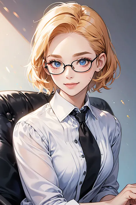 A petite young woman with strawberry blonde short hair pulled back, revealing her bright blue eyes behind stylish glasses. She has a playful, sly smile and her face is sprinkled with freckles. She is dressed in a white shirt and a sleek black office suit t...